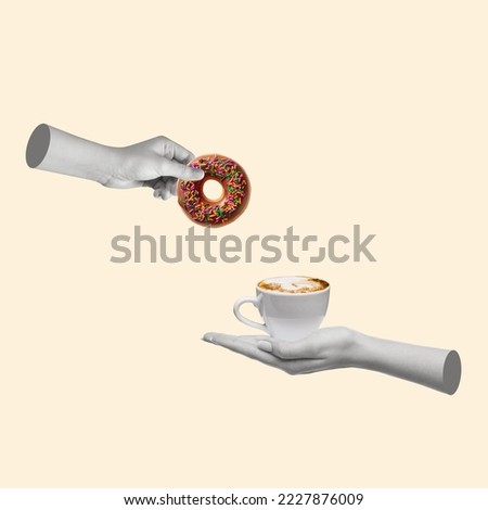 Contemporary art collage with human hands holding cup of coffee and donut. Relaxation concept. Break from work for rest. Copy space for ad, text and design.