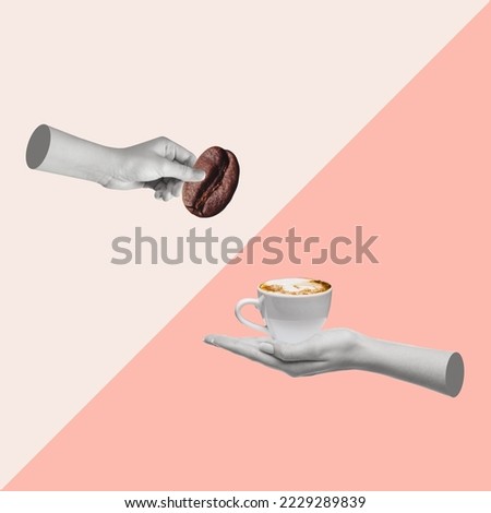 Contemporary art collage with human hands holding cup of coffee and coffee bean. Relaxation concept. Break from work for rest. Copy space.
