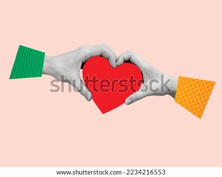 Contemporary art collage of human hands holding a heart. Modern design. Holidays and love concepts. Women's Day, Valentine's Day. Greeting card. Copy space.
