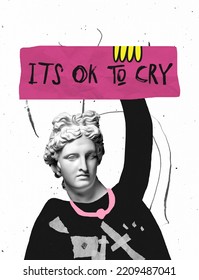 Contemporary art collage. Human silhouette with antique statue head rising sign with sayings It's ok to cry. Concept of human rights, social movements, self-acceptance. Copy space or ad, poster