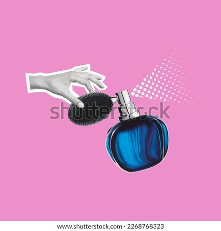 Contemporary art collage of humans spraying perfume. A beautiful spray bottle. Modern luxury ladies fragrance. Modern design. Copy space for ad.