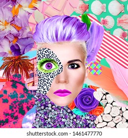 Contemporary art collage. Lady surreal and textures. Zine art