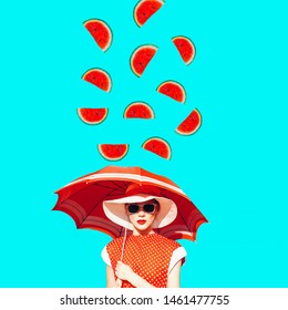 Contemporary art collage. Lady vintage and watermelon rain