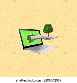 Contemporary art collage of laptop with human hand holding tree. Sustainable lifestyle concept. Copy space.
