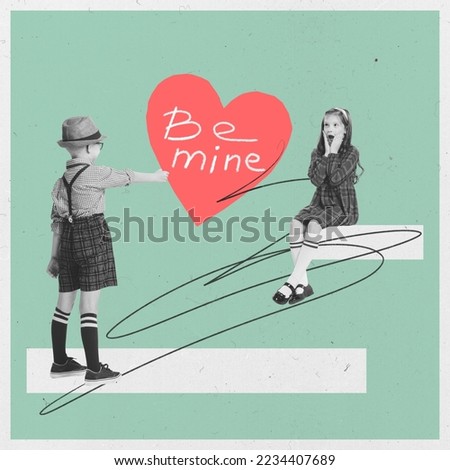 Contemporary art collage. Little boy, child giving valentine to cute impressed girl. Valentine's day celebration. Concept of love, relationship, childhood, romance, emotions. Poster, ad