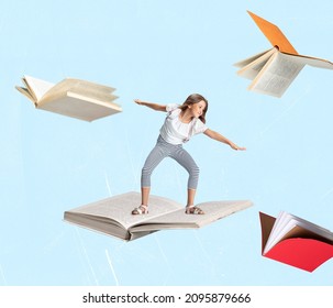 Contemporary Art Collage Of Little Cheerful Girl, Child Surfing On Open Book Isolated Over Light Blue Background. Concept Of Education, Childhood, Book Reading, Discovery, Artwork, Inspiration And Ad