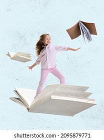 Contemporary Art Collage Of Little Cheerful Girl, Child Surfing On Open Book Isolated Over Light Blue Background. Concept Of Education, Childhood, Book Reading, Discovery, Artwork, Inspiration And Ad