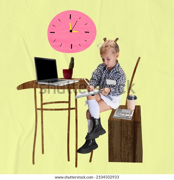 Contemporary art collage. Little girl, child\
pretending to be adul, worker isolated over yellow background.\
Working on deadlines. Concept of childhood, adulthood, game,\
imagination, youth, family,\
fun
