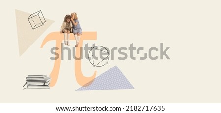Contemporary art collage. Little girls, children sitting on mathematics symbol and whispering. Math lesson. Concept of childhood, education, creativity, study, homework. Retro style. Poster, ad