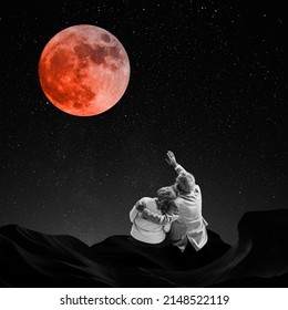 Contemporary art collage. Lovely elderly couple sitting on rock at night, looking at moon and stars. Romantic date. Surrealism, Concept of creativity, love, imagination, relationship