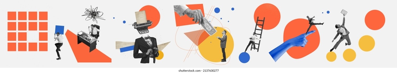 Contemporary art collage made of shots of young men and women, managers working hardly isolated over white background, Concept of business, finance, career, co-workers, teambuilding. Flyer