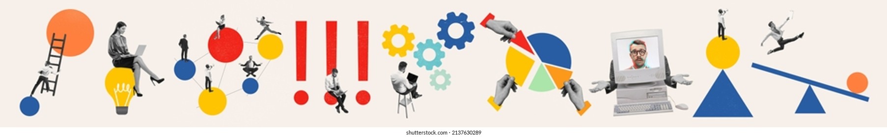 Contemporary art collage made of shots of young men and women, managers working hardly isolated over white background, Concept of business, finance, career, co-workers, teambuilding. Flyer - Shutterstock ID 2137630289