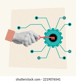 Contemporary art collage. Male hand with key putting on digital asset model. Business Management System. Concept of cryptocurrency, economy, modern technology, Internet. Creative design - Shutterstock ID 2219076541