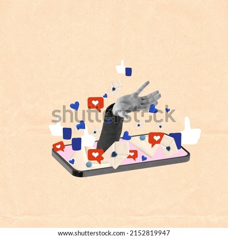 Contemporary art collage. Male hand diving into phone screen around many social media icons. Concept of social media addiction, popularity, influence, modern lifestyle and ad. Conceptual image