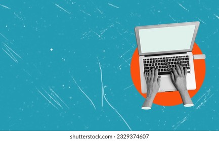 Contemporary art collage. Male hands typing on a laptop, working with financial analytics, growing virtual money. Concept of cryptocurrency, economy, modern technology, Internet. Creative design - Powered by Shutterstock