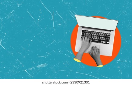 Contemporary art collage. Male hands typing on a laptop, working with financial analytics, growing virtual money. Concept of cryptocurrency, economy, modern technology, Internet. Creative design - Powered by Shutterstock