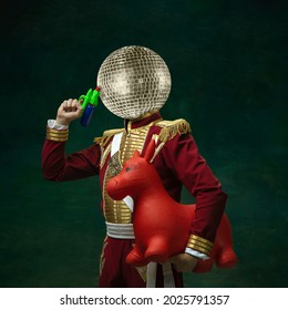 Contemporary Art Collage. Male Model Like Medieval Royalty Person Headed Of Huge Disco Ball In Vintage Clothing. Concept Of Comparison Of Eras, Artwork. Creative Collage. Surrealism