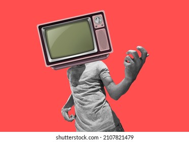 Contemporary art collage of male with TV instead head on background.