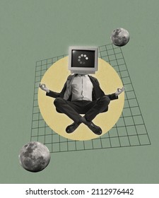 Contemporary art collage. Man, businessman in suit headed with retro computer sitting in yoga pose isolated over abstract background. Loading, generating new ideas. Concept of surrealism, retro style - Shutterstock ID 2112976442