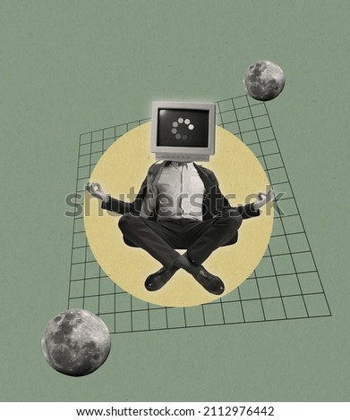 Contemporary art collage. Man, businessman in suit headed with retro computer sitting in yoga pose isolated over abstract background. Loading, generating new ideas. Concept of surrealism, retro style