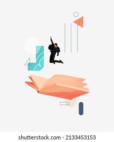 Contemporary Art Collage. Man Cheefully Jumping On Giant Open Book Symbolizing Information Importance. Colorful Design. Creative Art. Concept Of Business, Books, Education, Knowledge, Study