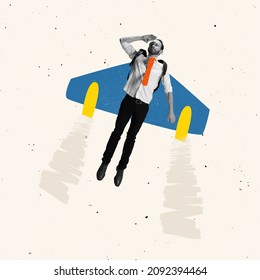 Contemporary art collage of man flying up on a plane symbolizing professional and personal growth. Concept of motivation, achievement, goals, career, employment. Copy space for ad - Shutterstock ID 2092394464