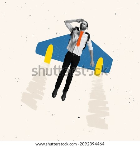 Contemporary art collage of man flying up on a plane symbolizing professional and personal growth. Concept of motivation, achievement, goals, career, employment. Copy space for ad