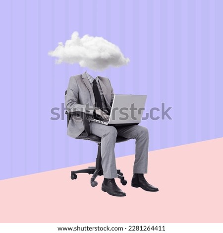 Contemporary art collage of a man headed by cloud sitting on an office chair with a laptop. Concept of business, finance, economy, professionalism and success. Copy space.