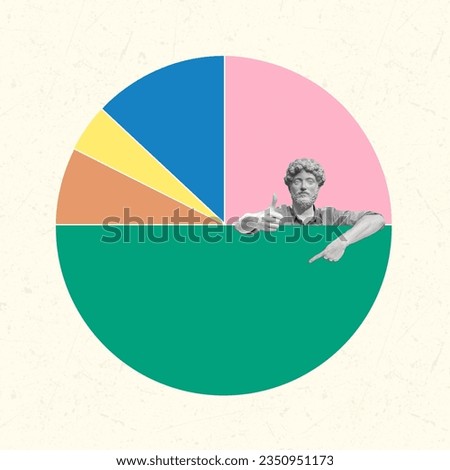 Contemporary art collage of a man headed by a statue head makes superb sign and a pie chart. Modern design. Copy space.