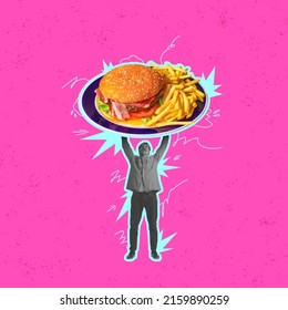 Contemporary Art Collage. Man Holding Giant Plate With Delicious Burger And Fries Isolated Over Pink Background. Bright Retro Design. Concept Of Creativity, Food, Artwork, Surrealism, Ad