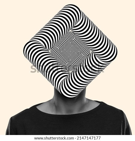 Contemporary art collage. Man with hypnotic head, optical illusion design isolated over peach background. Making influence. Creative mind. Concept of psychology, social life, imagination.