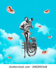 Contemporary art collage of man into trumpet aruound flying ears shouting in megaphone isolated over sky background. Concept of art, music, fashion, party, creativity. Copy space for ad