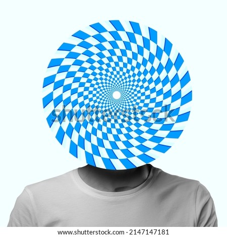 Contemporary art collage. Man with optical illusion design circle instead head isolated over light mint background. Concept of psychology, artwork, emotions, human rexpression of feelings