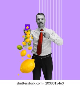 Contemporary Art Collage Of Man Pointing On Tablet Screen And Doing Online Grocery Shopping Isolated Over Purple Background. Tropical Fruits Flying Out Phone. Buying Food From Home, Ad