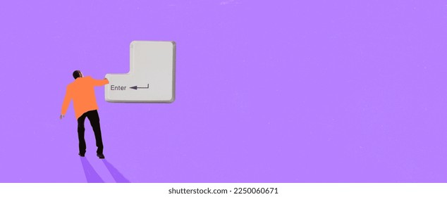 Contemporary art collage. Man pushing on huge keyboard button enter. Retro, vintage style. Old-fashioned and modern technology. Social network, communication. Banner with copy space
