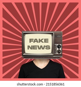 Contemporary art collage. Man with retro TV set instead head showing fake news isolated over red background. Vintage style. Fake information on media. Concept of creativity, rumors, imagination, ad