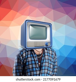 Contemporary Art Collage. Man With Retro TV Set Instead Head. Fake Information On Media. Concept Of Creativity, Rumors, Imagination, Ad