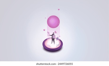 Contemporary art collage. Man stands at bright point and analyzes data, diagrams with floating sphere on top against gradient background. Concept of business and virtual reality, technology, finance.
