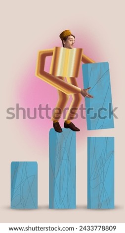 Contemporary art collage. Man stands on information graph of pillars and completes new large symbolizing income. Concept of business, financial literacy, personal financial management.