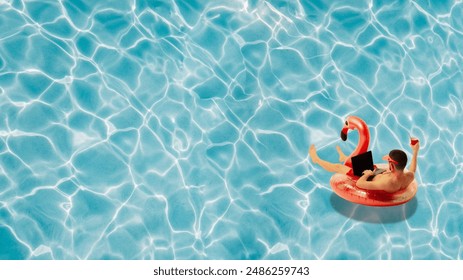 Contemporary art collage. Man in swimming flamingo-circle floating in pool and working online, drinking cocktail. Abstract artwork. Concept of business, remote work, workplaces, freelance, internet. - Powered by Shutterstock