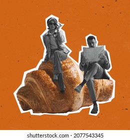 Contemporary art collage of man and woman in retro costumes sitting on delicious croissant isolated on orange background. Vintage style. Concept of food, style, artwork, creaitivity. Copy space for ad