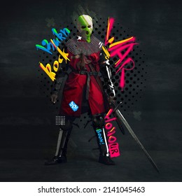 Contemporary art collage. Medieval knight in neon colored balaclava with lettering design isolated over black background. Combination of styles, modernity and vintage. Swag, steet style