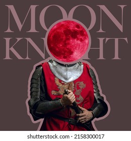 Contemporary art collage. Medieval warrior, knight with red full moon head isolated on dark background. Noble fighter. Concept of surrealism, creativity, comparison of eras, renaissance, baroque style