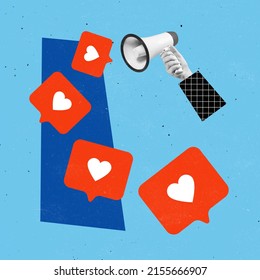 Contemporary Art Collage. Megaphone And Social Media Likes Isolated Over Blue Background. Internet Information. Concept Of Social Media, Influence, Popularity, Modern Lifestyle And Ad