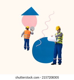 Contemporary art collage. Men, builders working on new house projects. Professional occupation. Man wearing helmet and uniform. Concept of business, building activity, architect, profession