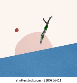 Contemporary art collage. Minimalism, surrealism. Professional swimmer jumping into drawn blue water isolated over light background. Sport, competition concept. Summer water sports.