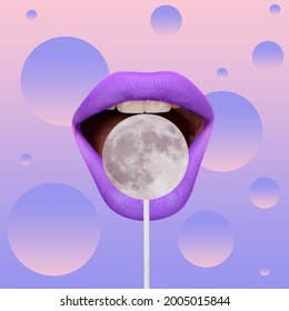 Contemporary art collage, modern design. Summer time mood. Composition with female opened mouth with lollipop isolated over absract background. Party, vacation, resort, fun mood.