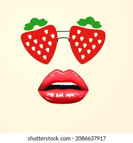 Contemporary Art Collage, Modern Design. Female Face With Berry Glasses And Red Lips On Background.