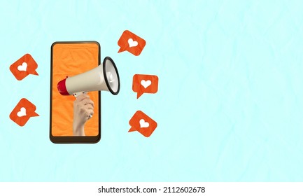 Contemporary art collage. Modern design. Female hand with megaphone sticking out phone screen with like icons promoting online shopping. Concept of Internet purchase, worldwide network and ad - Shutterstock ID 2112602678