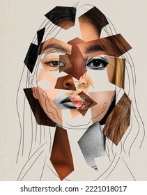 Contemporary art collage. Modern design. Female face made from different face parts of women of various races. Concept of beauty standards, multi ethnicity, friendship, diversity, human rights